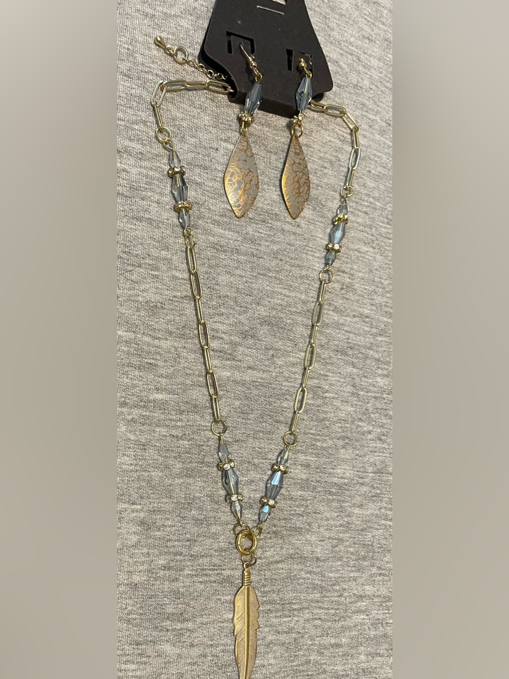 Gold-Tone Feather Pendant Necklace & Earrings with Blue Crystal Accents